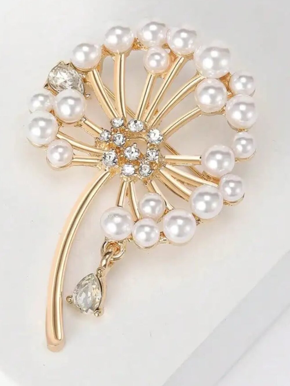 Gold Dandelion Pearl Brooch Pin • Rhinestone Crystal Floral Statement Luxury NEW